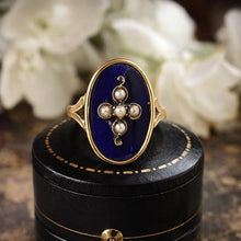 Carica l'immagine nel visualizzatore di Gallery, Antique Victorian 15ct Gold & Blue Enamel Glass Mourning Cross Ring