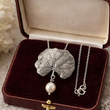 Load image into Gallery viewer, Vintage Sterling Silver & Pearl Water Lily Leaf Pendant Necklace. Art Nouveau Style Convertible Brooch