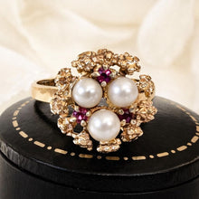 Charger l'image dans la galerie, Vintage 9ct Gold Pearl & Ruby Birds Nest Cocktail Ring
