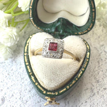 Charger l'image dans la galerie, Art Deco Square-Cut Ruby & Diamond Cluster Halo Ring in 18ct Gold and Platinum