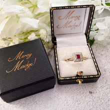 Charger l'image dans la galerie, Art Deco Square-Cut Ruby & Diamond Cluster Halo Ring in 18ct Gold and Platinum