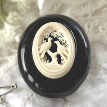 Charger l'image dans la galerie, Antique Victorian Whitby Jet Brooch with Carved Lovebirds Panel c1860