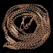 Load image into Gallery viewer, Antique Victorian Solid 9ct Rose Gold 60" Guard Chain Necklace, Fancy Trombone Link Belcher Muff Chain