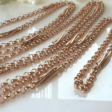 Load image into Gallery viewer, Antique Victorian Solid 9ct Rose Gold 60" Guard Chain Necklace, Fancy Trombone Link Belcher Muff Chain