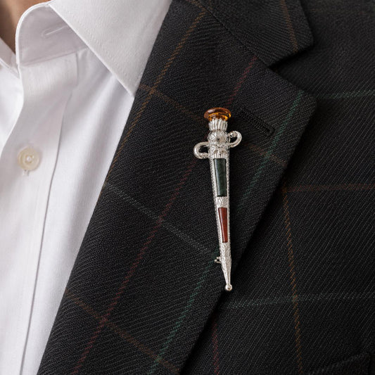 Vintage Scottish Sterling Silver Sword Kilt Pin | Bloodstone & Carnelian Agate | Highland Dirk Brooch