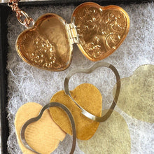 Load image into Gallery viewer, Antique Victorian Rolled Rose Gold Heart Locket & Chain: 2-Sided Floral Engraved Pendant Necklace