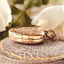 Load image into Gallery viewer, Antique Victorian Rolled Rose Gold Heart Locket & Chain: 2-Sided Floral Engraved Pendant Necklace