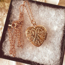 Load image into Gallery viewer, Antique Victorian Rolled Rose Gold Heart Locket & Chain: 2-Sided Floral Engraved Pendant Necklace