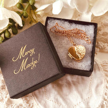 Load image into Gallery viewer, Antique Victorian Rolled Rose Gold Heart Locket & Chain: 2-Sided Floral Engraved Pendant Necklace