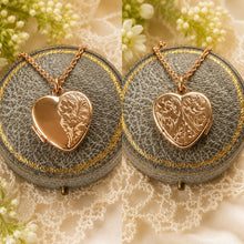 Load image into Gallery viewer, Antique Victorian Rolled Rose Gold Heart Locket & Chain: 2-Sided Floral Engraved Pendant Necklace