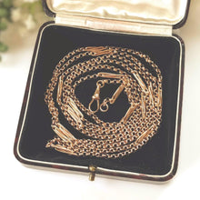 Load image into Gallery viewer, Antique Victorian Solid 9ct Rose Gold 60" Guard Chain Necklace, Fancy Trombone Link Belcher Muff Chain