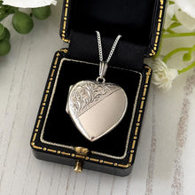 Load image into Gallery viewer, Vintage 1975 Sterling Silver Floral Engraved Heart Locket Necklace. Antique Style Sweetheart Pendant & Chain.