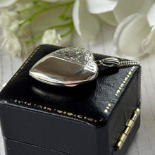 Load image into Gallery viewer, Vintage 1975 Sterling Silver Floral Engraved Heart Locket Necklace. Antique Style Sweetheart Pendant & Chain.