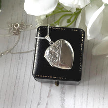 Load image into Gallery viewer, Vintage 1975 Sterling Silver Floral Engraved Heart Locket Necklace. Antique Style Sweetheart Pendant & Chain.