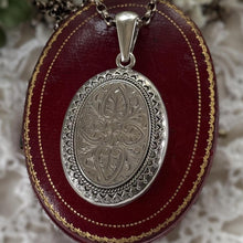 Load image into Gallery viewer, Large Antique Victorian Sterling Silver Photo Locket Pendant, Engraved Oval Keepsake