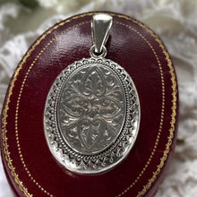 Load image into Gallery viewer, Large Antique Victorian Sterling Silver Photo Locket Pendant, Engraved Oval Keepsake