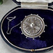 Load image into Gallery viewer, Antique Victorian Sterling Silver Keepsake Locket Brooch, Ship's Wheel Target Design. Aesthetic Movement Jewellery