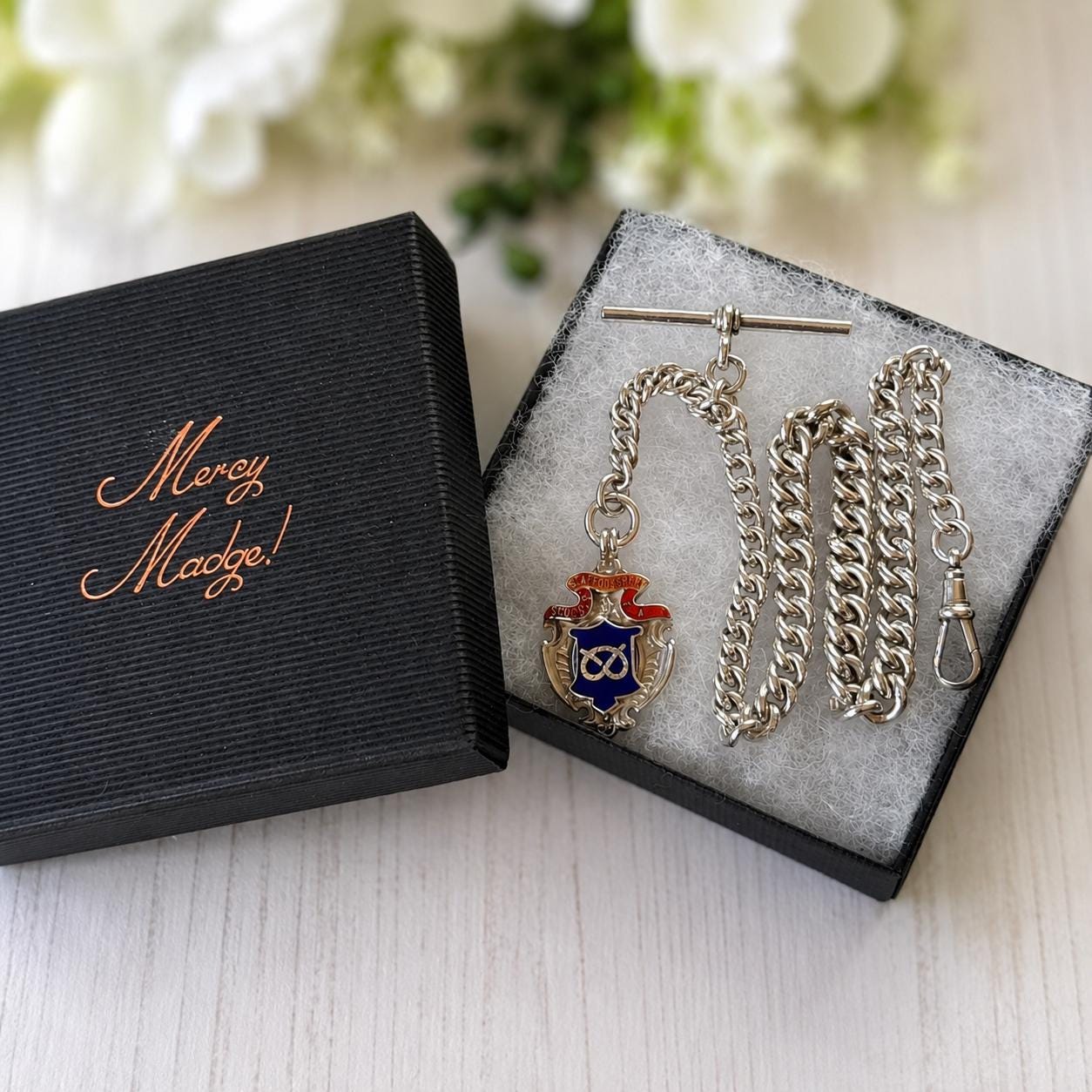 Antique Sterling Silver Albert Watch Chain, 1918, Staffordshire Schools Football Association Fob, 47.4g