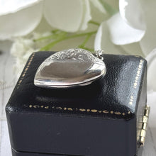 Load image into Gallery viewer, Vintage 1975 Sterling Silver Floral Engraved Heart Locket Necklace. Antique Style Sweetheart Pendant & Chain.