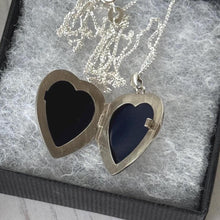 Load image into Gallery viewer, Vintage 1975 Sterling Silver Floral Engraved Heart Locket Necklace. Antique Style Sweetheart Pendant & Chain.