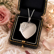 Load image into Gallery viewer, Vintage 1975 Sterling Silver Floral Engraved Heart Locket Necklace. Antique Style Sweetheart Pendant & Chain.