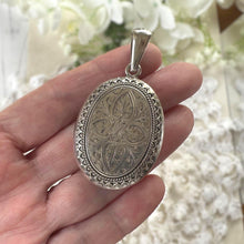 Load image into Gallery viewer, Large Antique Victorian Sterling Silver Photo Locket Pendant, Engraved Oval Keepsake