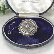 Load image into Gallery viewer, Antique Victorian Sterling Silver Keepsake Locket Brooch, Ship's Wheel Target Design. Aesthetic Movement Jewellery