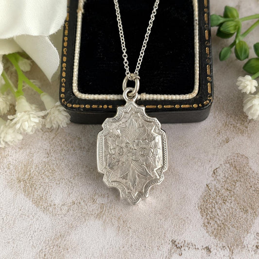 Antique Victorian Sterling Silver Locket Necklace, Engraved Double Sided Photo Breloque Charm