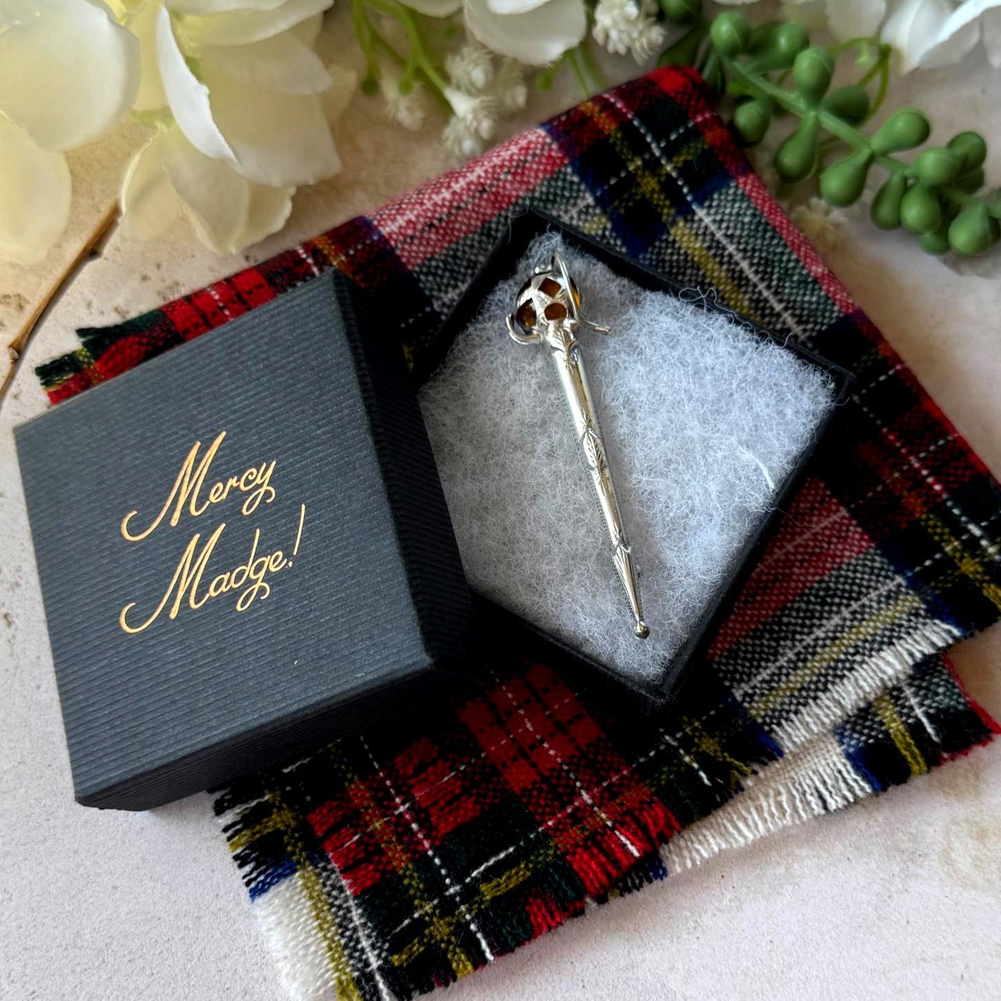 Antique Sterling Silver Scottish Cairngorm Claymore Sword Brooch, Circa 1920