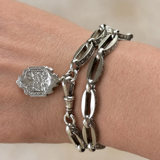 Antique Continental Silver Watch Chain Bracelet, Victorian Breloque Locket