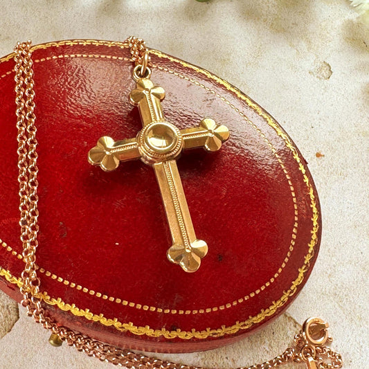 Antique Victorian Gothic Revival Rolled Rose Gold Cross Pendant and Belcher Chain