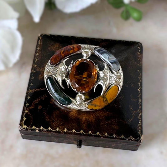Antique Victorian Scottish Agate Cairngorm Brooch: Gothic Revival Sterling Silver Pebble Jewellery