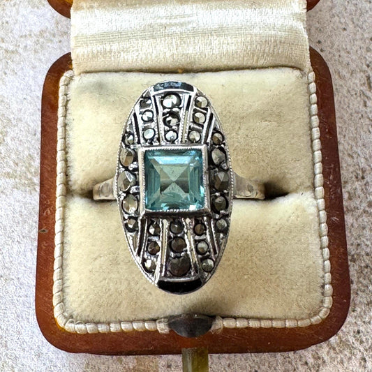Antique 1920s Art Deco Blue Paste Topaz & Enamel Silver Ring, 9ct Gold Band