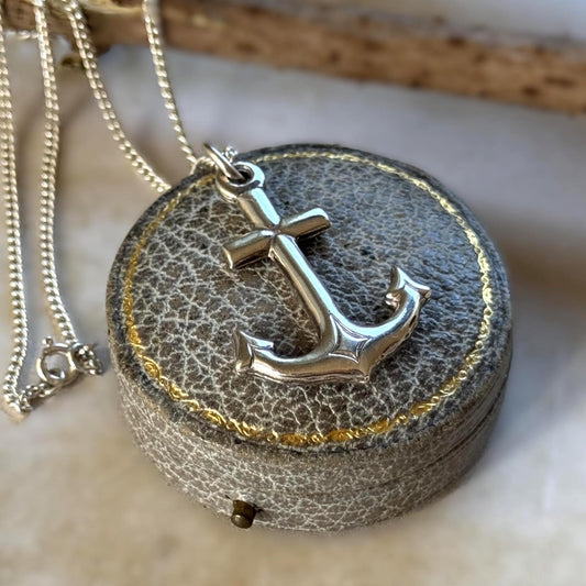 Antique Sterling Silver Gothic Cross and Anchor Pendant Necklace, Nautical Religious Jewellery