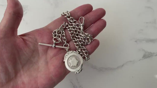Antique Silver Pocket Watch Chain With Fob, T-Bar & Dog Clip