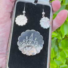 Charger et lire la vidéo dans la visionneuse de la Galerie, Rare Antique Victorian Aesthetic Engraved Sterling Silver Scottish Thistle Locket Brooch & Earring Set In Original Fitted Jewellery Case