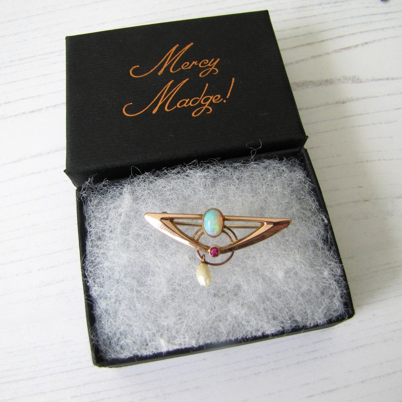 Murrle Bennett Art Nouveau Opal, Ruby & Pearl 9ct Gold Brooch - MercyMadge