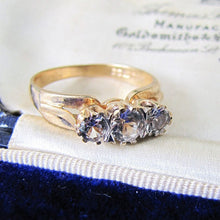 Load image into Gallery viewer, 1970s Vintage 9ct Gold 3 Stone Trilogy Ring, Clear White Zircons - MercyMadge