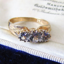 Load image into Gallery viewer, 1970s Vintage 9ct Gold 3 Stone Trilogy Ring, Clear White Zircons - MercyMadge