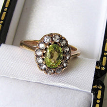 Cargar imagen en el visor de la galería, Vintage 9ct Gold Peridot & Spinel Halo Ring - MercyMadge