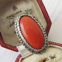 Charger l'image dans la galerie, Art Deco Silver Marcasite & Red Coral Ring. 1930s Statement Ring, Sterling Silver