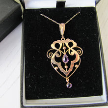Charger l'image dans la galerie, Antique Art Nouveau 9ct Gold and Amethyst Pendant Necklace. Edwardian Lavalier Necklace, S Brothers, England