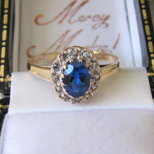 Cargar imagen en el visor de la galería, Vintage 9ct Gold, Topaz & White Spinel Cluster Ring. Blue Gemstone Halo Ring. Edwardian Revival Engagement Ring, 1967 English Hallmarks