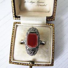 Charger l'image dans la galerie, Art Deco Carnelian Silver & Marcasite Ring - MercyMadge