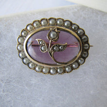 Cargar imagen en el visor de la galería, Antique 9ct Gold, Amethyst & Seed Pearl Tulip Brooch - MercyMadge