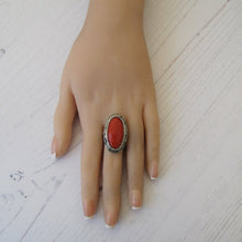 Charger l'image dans la galerie, Art Deco Silver Marcasite & Red Coral Ring