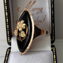 Cargar imagen en el visor de la galería, Victorian 9ct Gold, Pearl and Whitby Jet Forget-me-Not Ring