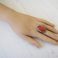 Charger l'image dans la galerie, Art Deco Silver Marcasite & Red Coral Ring