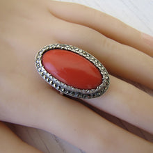 Charger l'image dans la galerie, Art Deco Silver Marcasite & Red Coral Ring