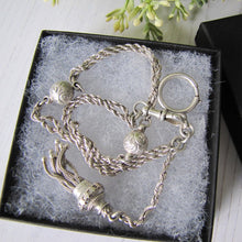 Charger l'image dans la galerie, Victorian Sterling Silver 13" Albertina Chain With Charms, Tassel, Bolt Ring & Dog Clip